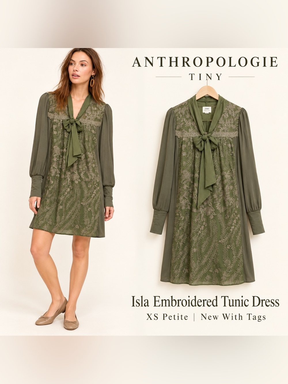 Anthropologie Tiny Isla Embroidered Tunic Dress Women’s XSP Moss Green NWT